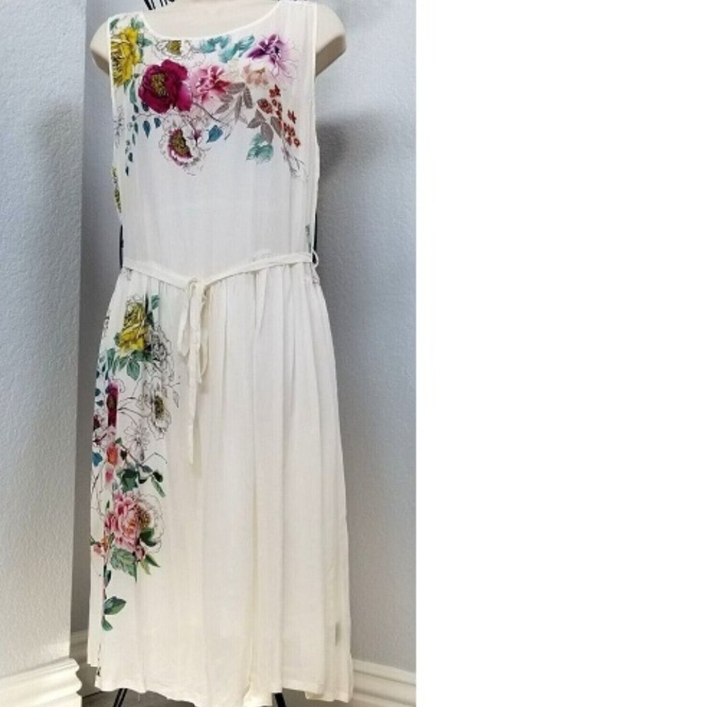 JOHNNY WAS FLORAL WHITE BOHO DRESS WITH SLIP SLEEVELESS BELTED SZ L NWT!